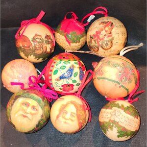 Vintage Christmas Ornaments Set Of 9 Hand-Painted Wooden Baubles Festive